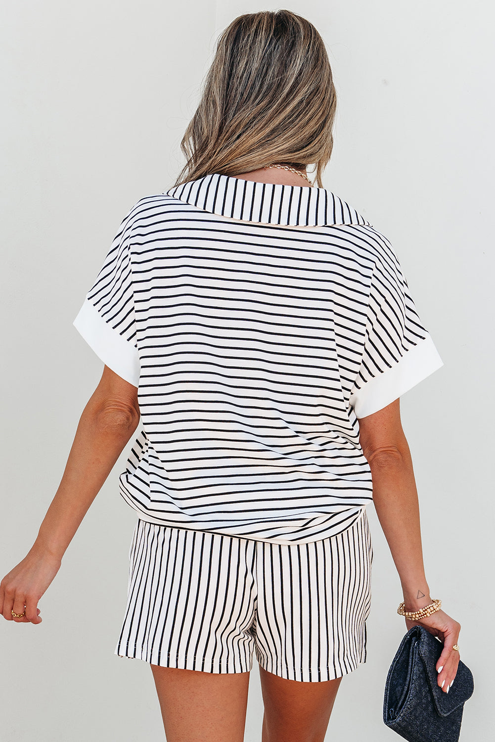 Chloe Stripe V Neck Tee Short Set